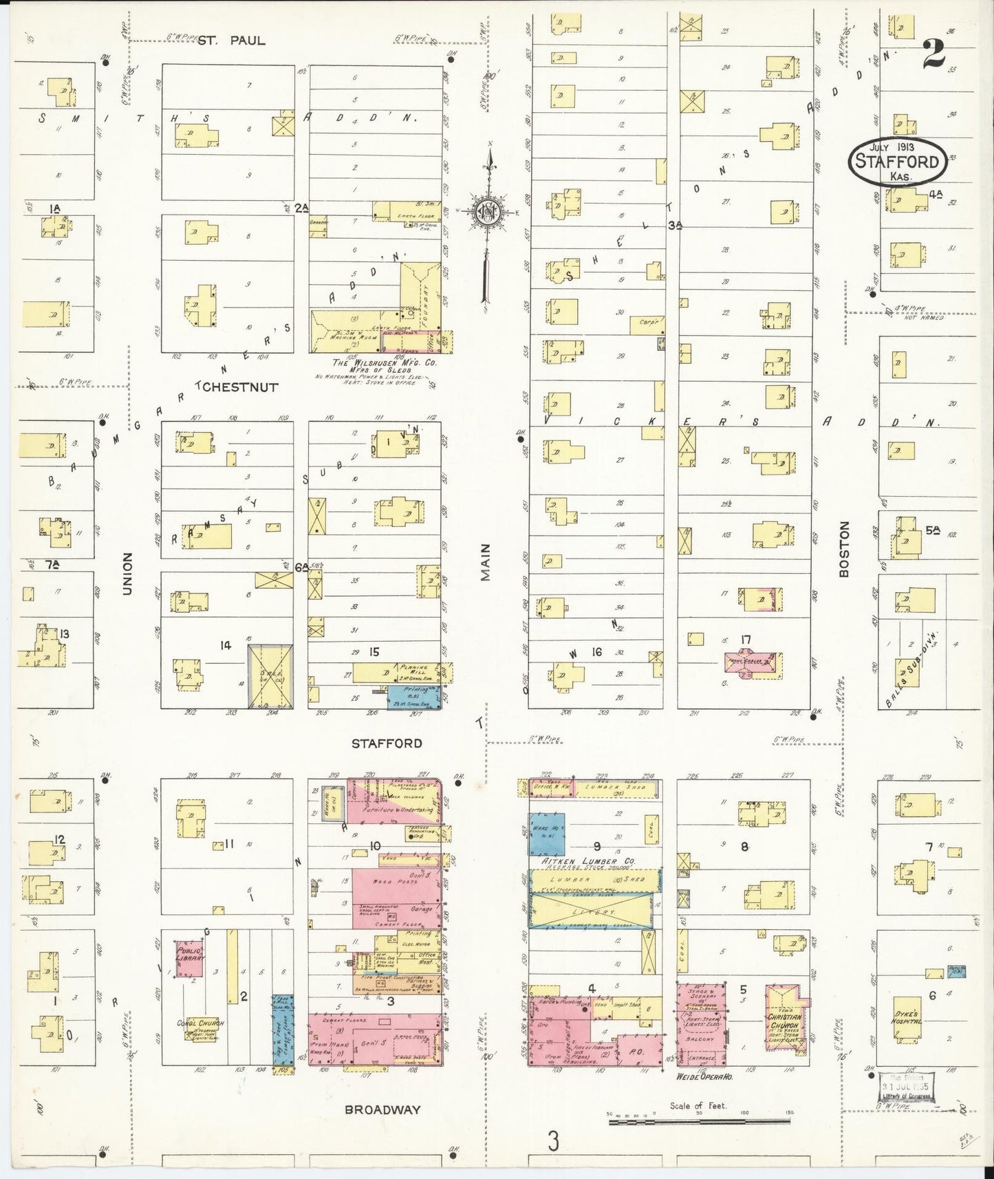 Sanborn Fire Insurance Map from Stafford, Stafford County, Kansas (1913), Sheet #0002 - Complete Map Set gallery image, historic Sanborn map, vintage wall art, Kansas Kansas