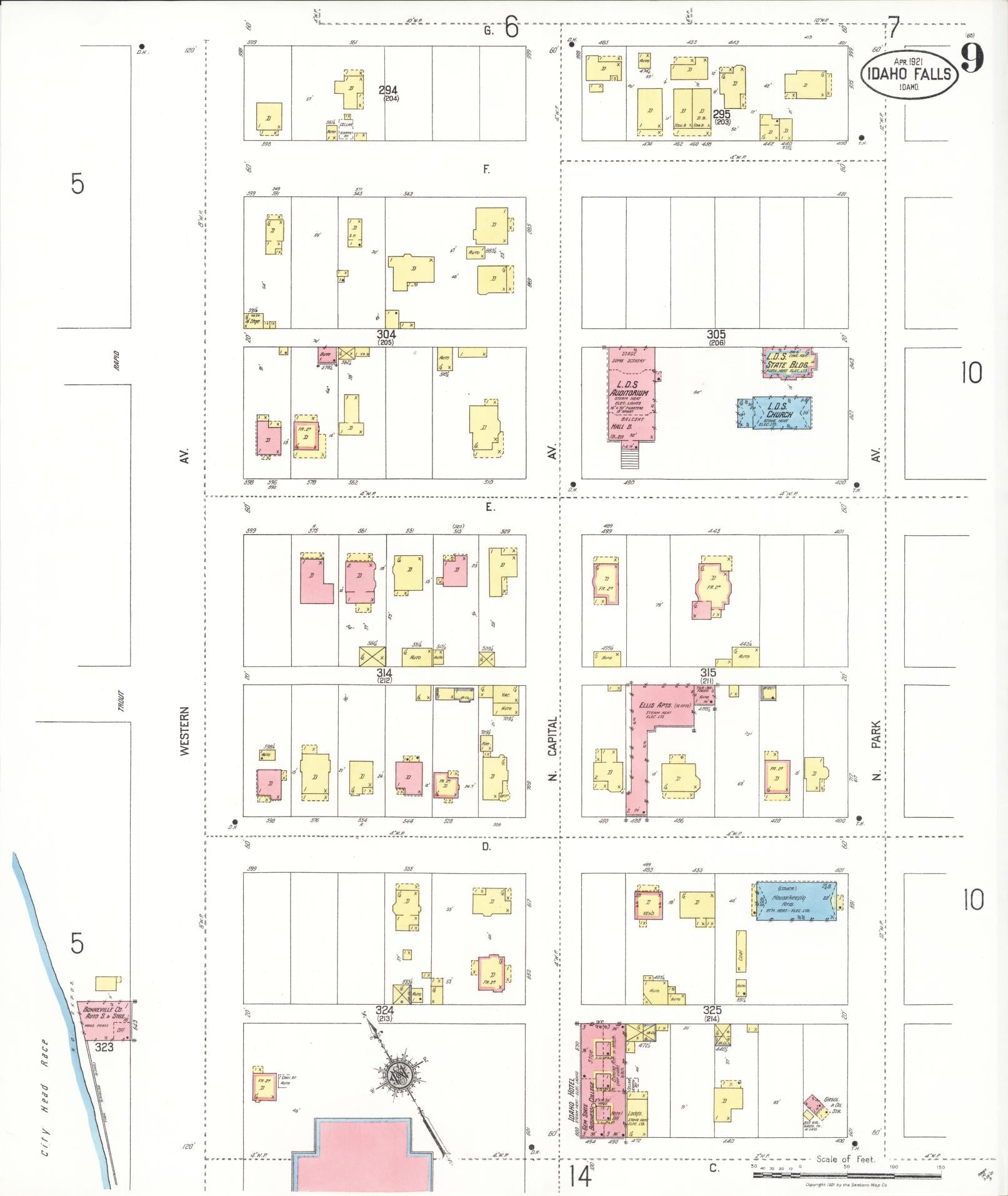 Sanborn Fire Insurance Map from Idaho Falls, Bonneville County, Idaho (1921), Sheet #0009 - Complete Map Set gallery image, historic Sanborn map, vintage wall art, Idaho Idaho
