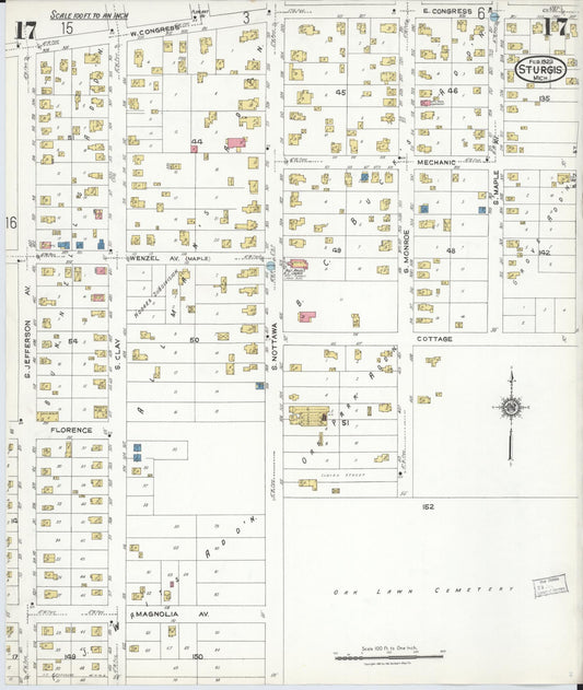 Sanborn Fire Insurance Map from Sturgis, Saint Joseph County, Michigan (1923), Sheet #0017 - Historic Sanborn Fire Insurance Map Print, vintage old map wall art, antique decor, genealogy gift, Michigan Michigan map