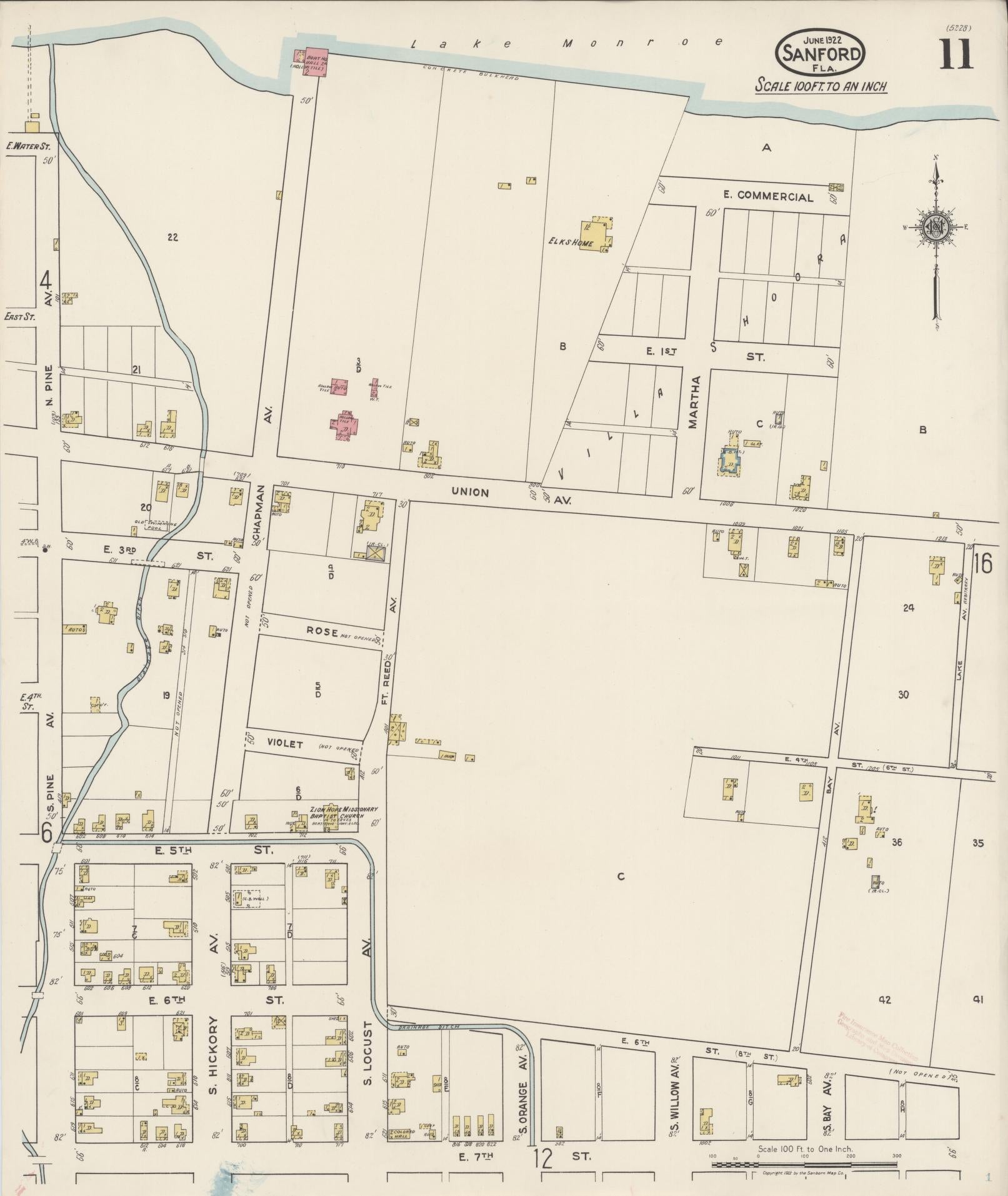 Sanborn Fire Insurance Map from Sanford, Seminole County, Florida (1922), Sheet #0011 - Historic Sanborn Fire Insurance Map Print, vintage old map wall art, antique decor, genealogy gift, Florida Florida map