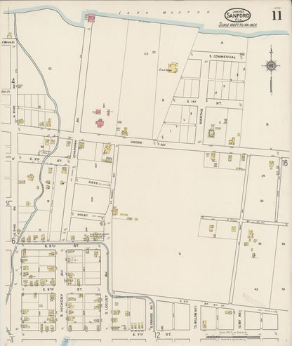 Sanborn Fire Insurance Map from Sanford, Seminole County, Florida (1922), Sheet #0011 - Historic Sanborn Fire Insurance Map Print, vintage old map wall art, antique decor, genealogy gift, Florida Florida map