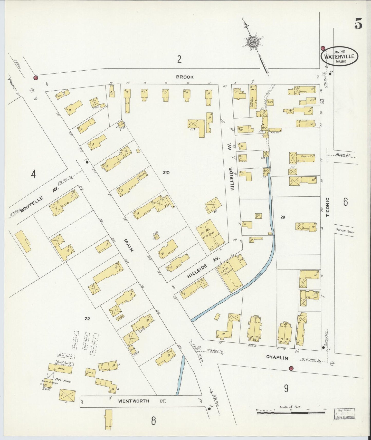 Sanborn Fire Insurance Map from Waterville, Kennebec County, Maine (1911), Sheet #0005 - Historic Sanborn Fire Insurance Map Print, vintage old map wall art, antique decor, genealogy gift, Maine Maine map