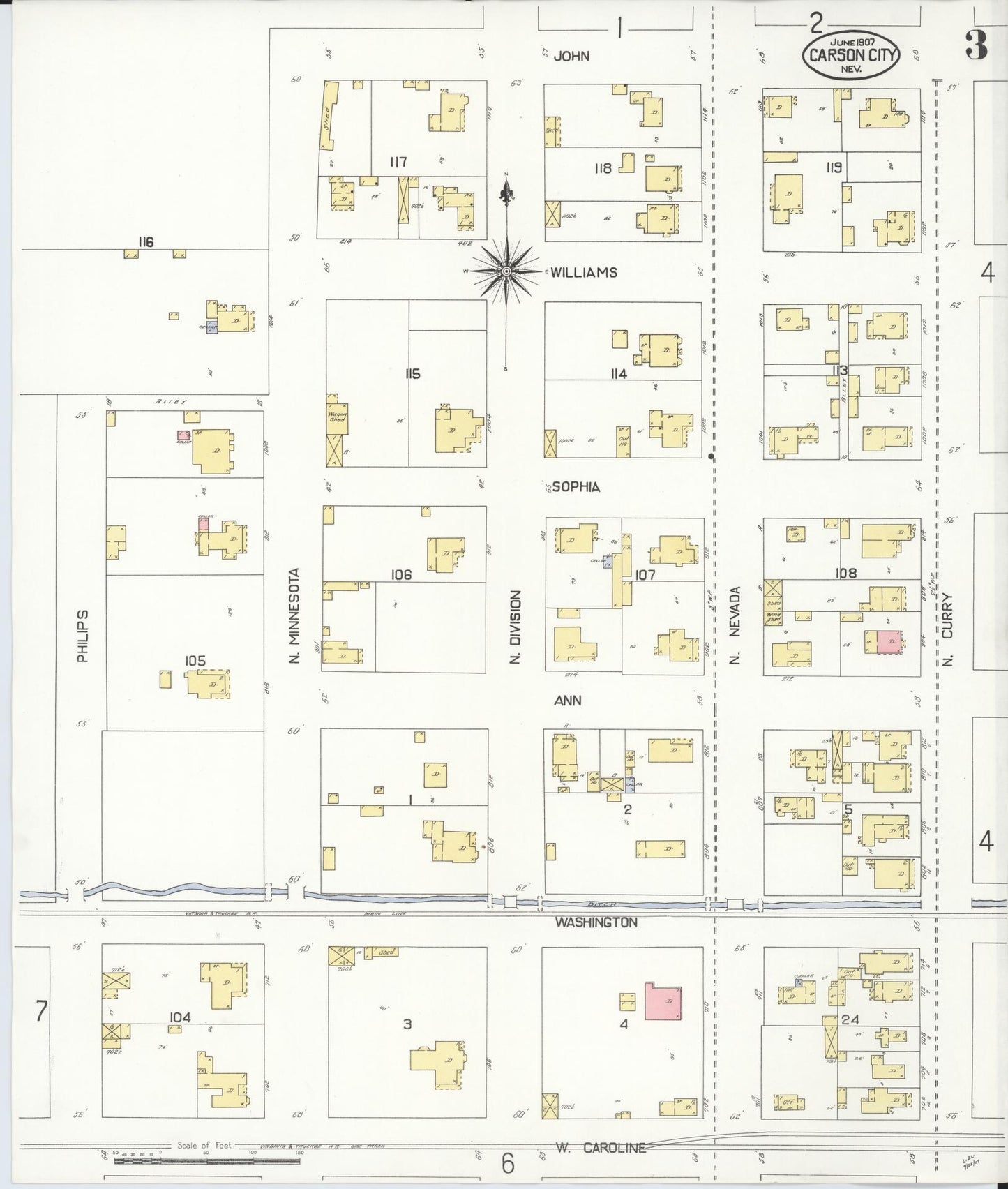 Sanborn Fire Insurance Map from Carson City, Carson City County, Nevada (1907), Sheet #0003 - Complete Map Set gallery image, historic Sanborn map, vintage wall art, Nevada Nevada