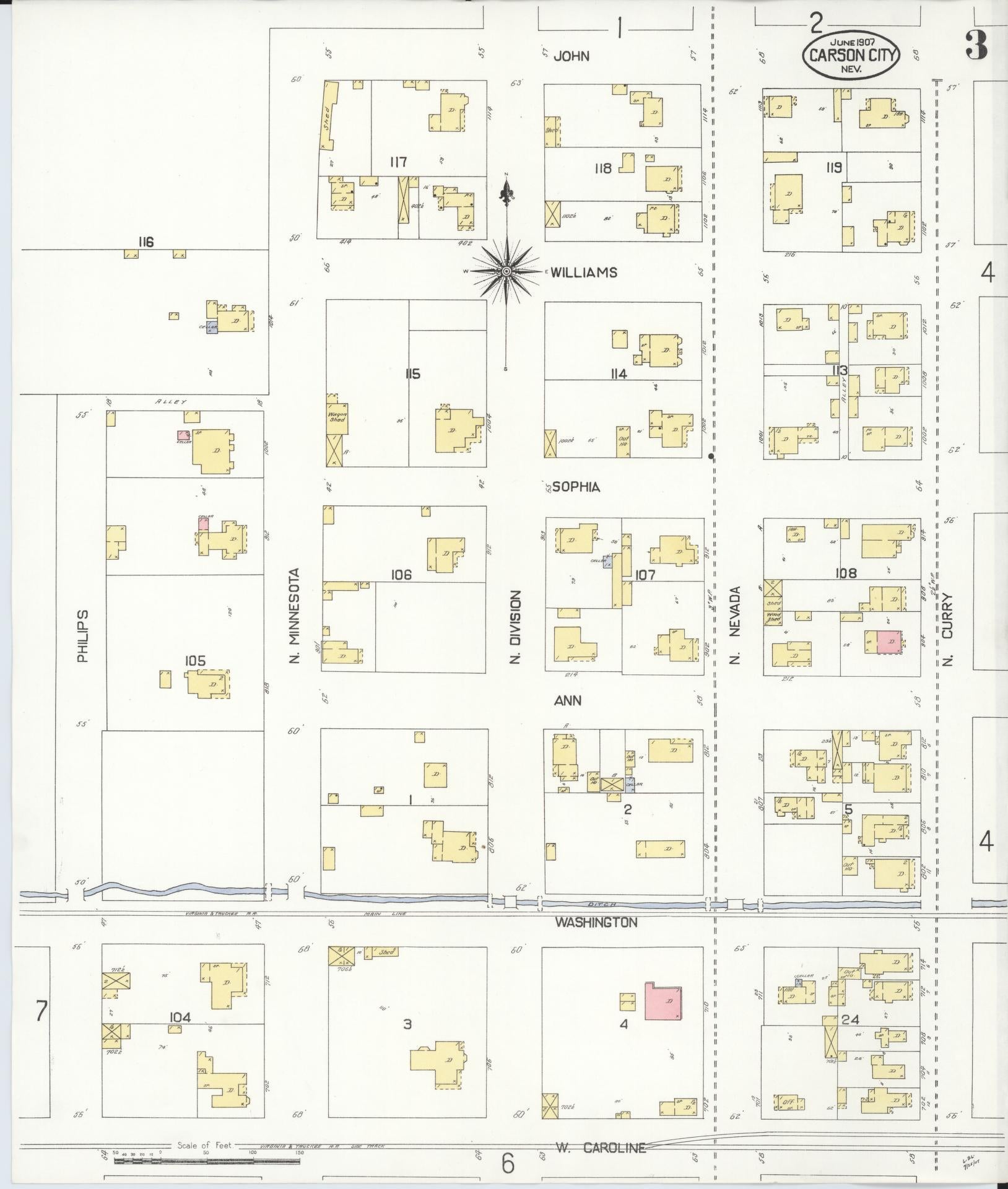 Sanborn Fire Insurance Map from Carson City, Carson City County, Nevada (1907), Sheet #0003 - Complete Map Set gallery image, historic Sanborn map, vintage wall art, Nevada Nevada