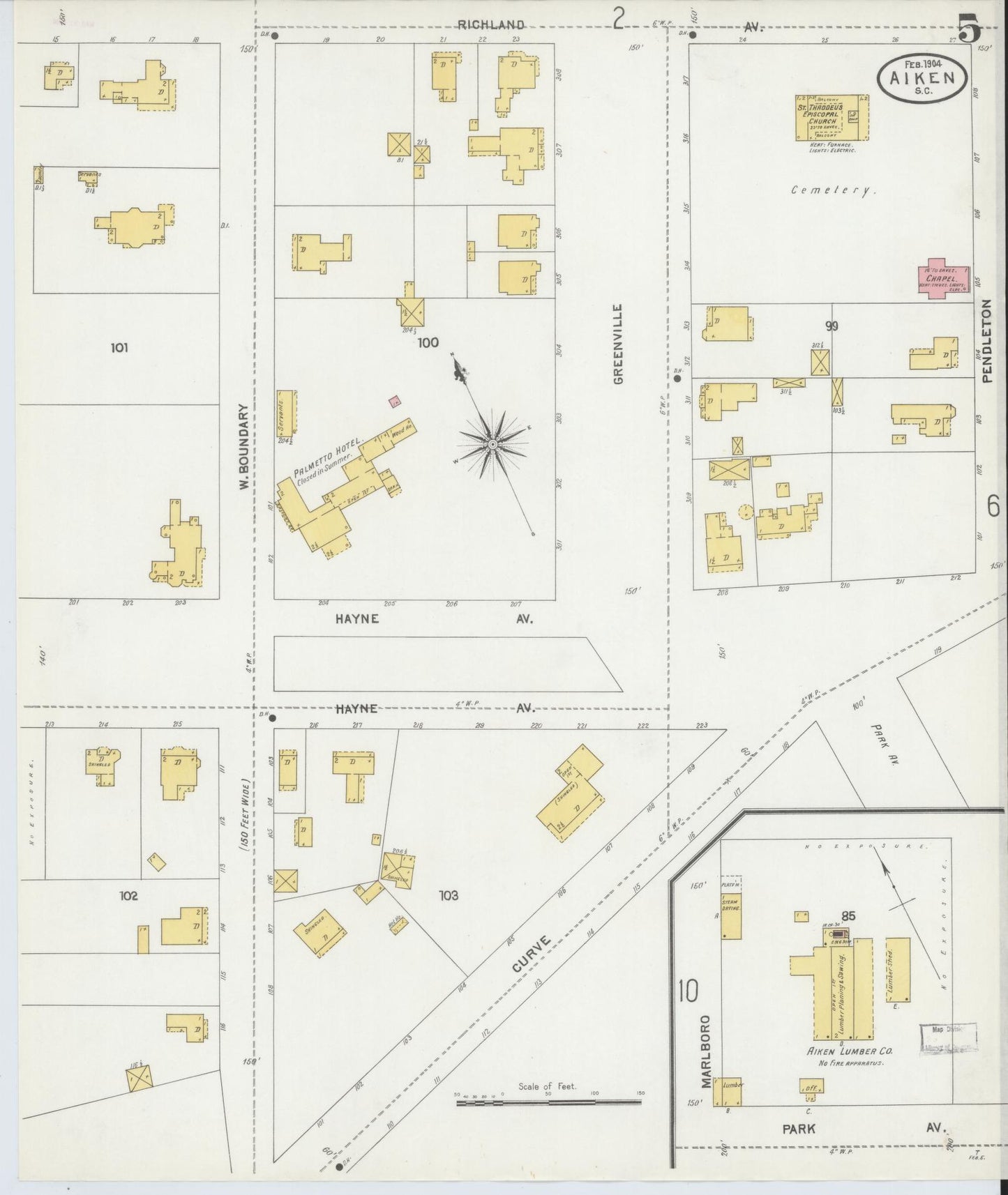 Sanborn Fire Insurance Map from Aiken, Aiken County, South Carolina (1904), Sheet #0005 - Complete Map Set gallery image, historic Sanborn map, vintage wall art, South Carolina South Carolina