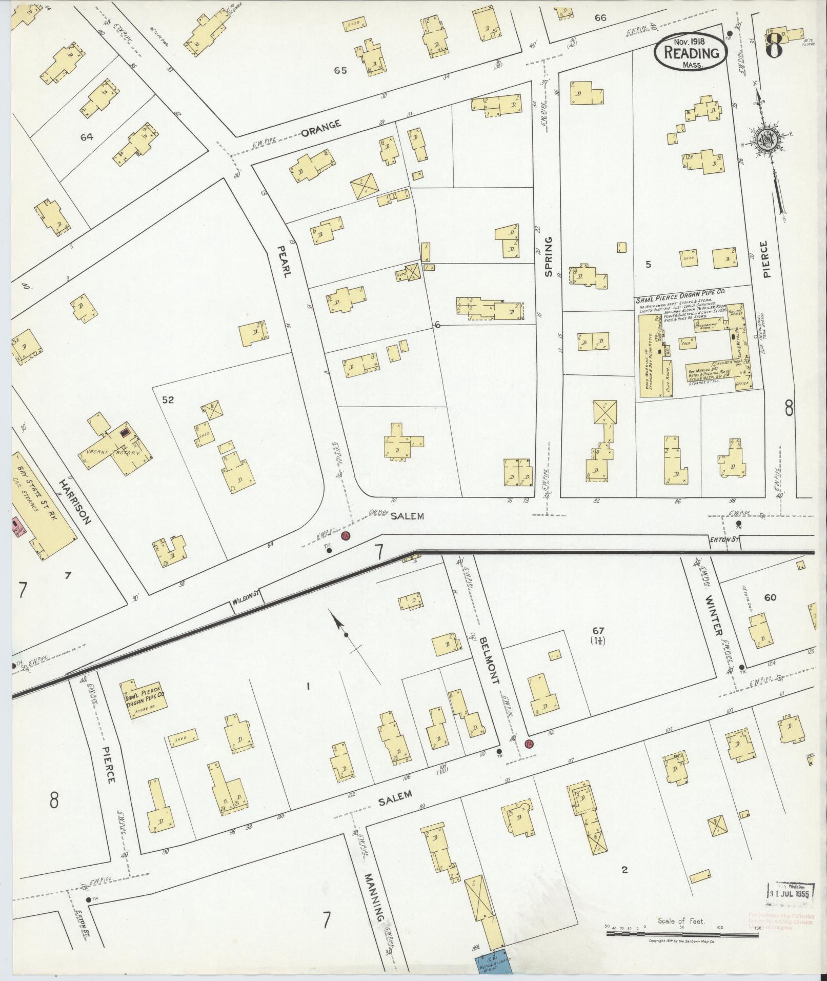 Sanborn Fire Insurance Map from Reading, Middlesex County, Massachusetts (1918), Sheet #0008 - Complete Map Set gallery image, historic Sanborn map, vintage wall art, Massachusetts Massachusetts