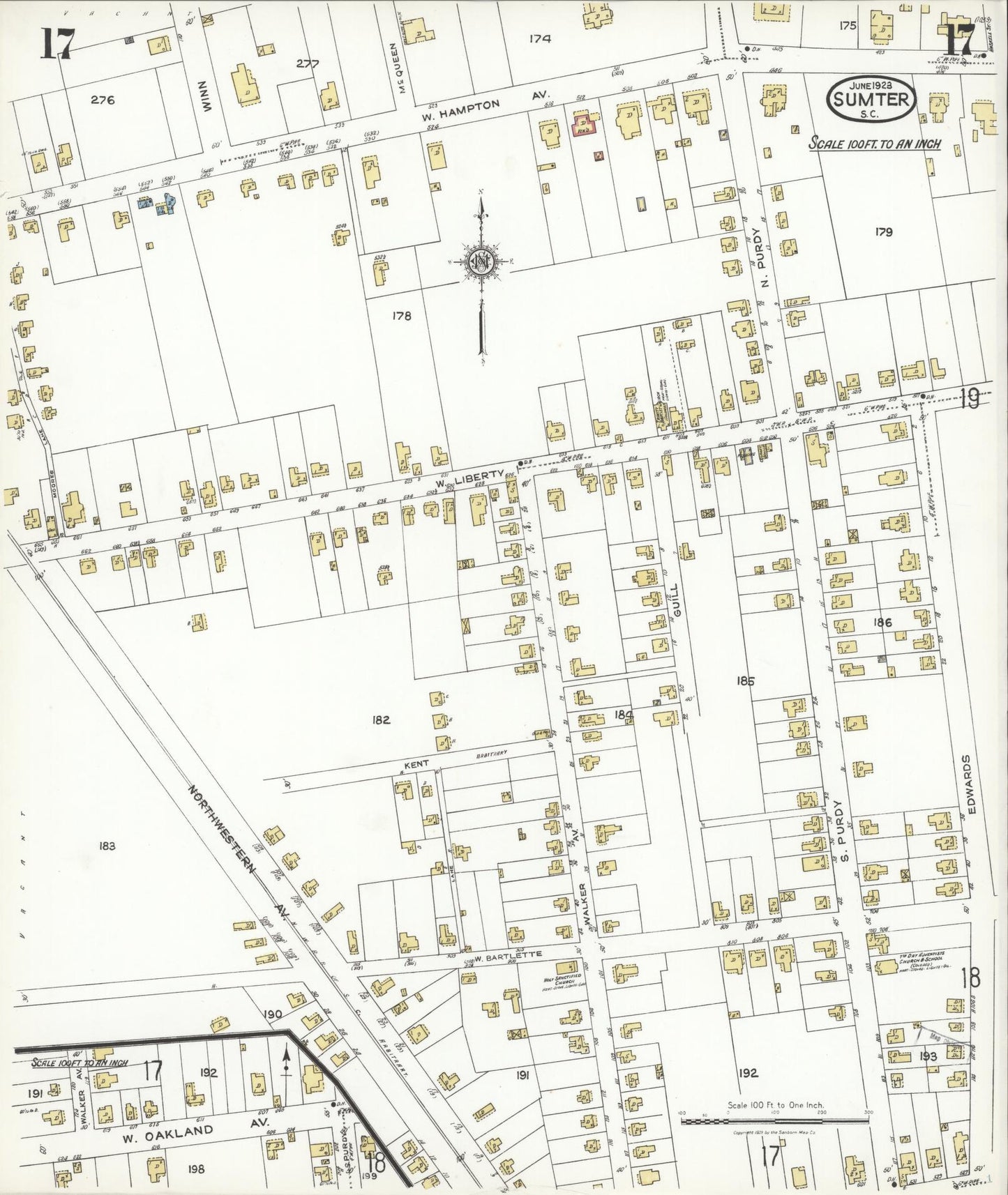 Sanborn Fire Insurance Map from Sumter, Sumter County, South Carolina (1923), Sheet #0017 - Historic Sanborn Fire Insurance Map Print, vintage old map wall art, antique decor, genealogy gift, South Carolina South Carolina map
