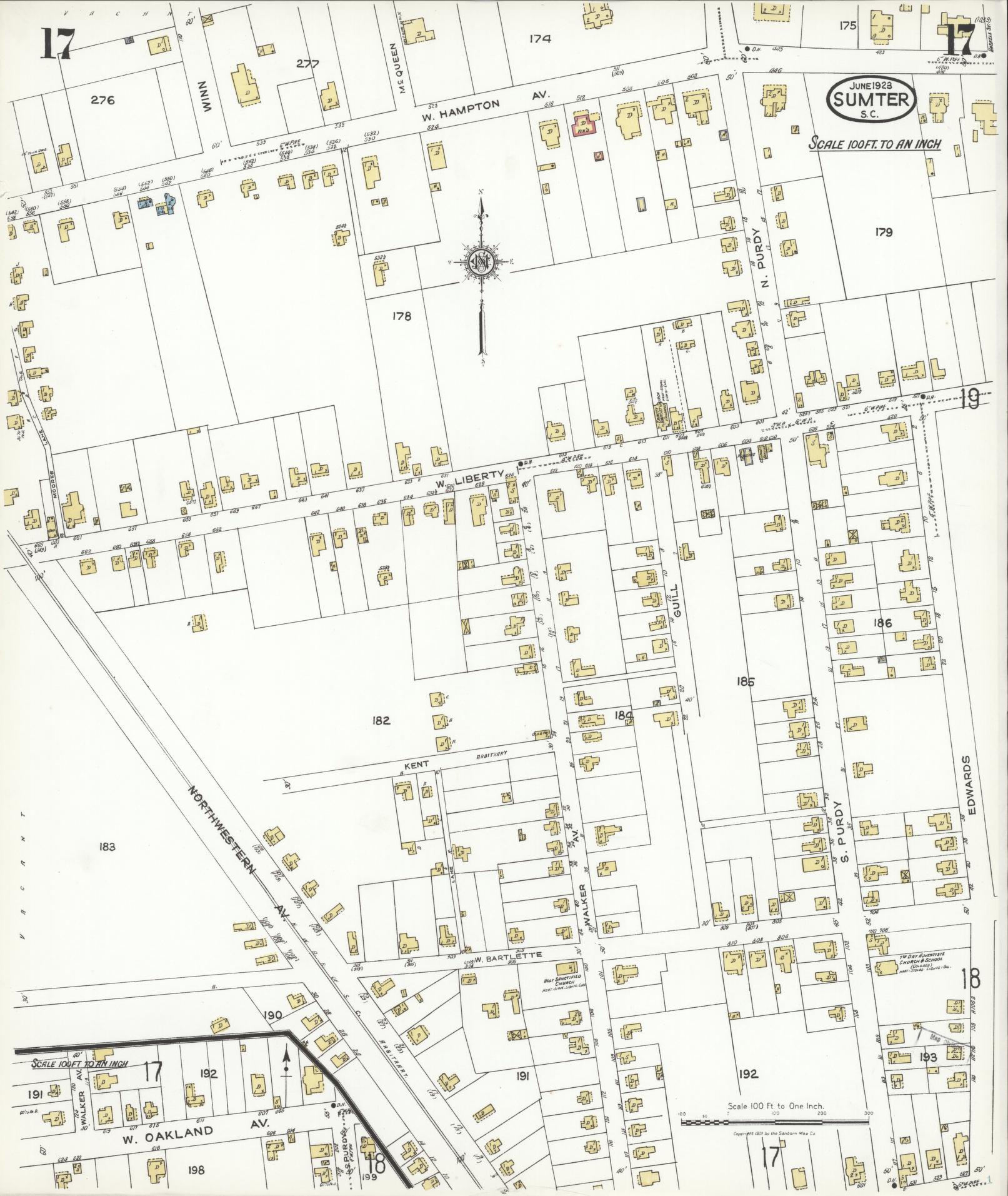 Sanborn Fire Insurance Map from Sumter, Sumter County, South Carolina (1923), Sheet #0017 - Historic Sanborn Fire Insurance Map Print, vintage old map wall art, antique decor, genealogy gift, South Carolina South Carolina map