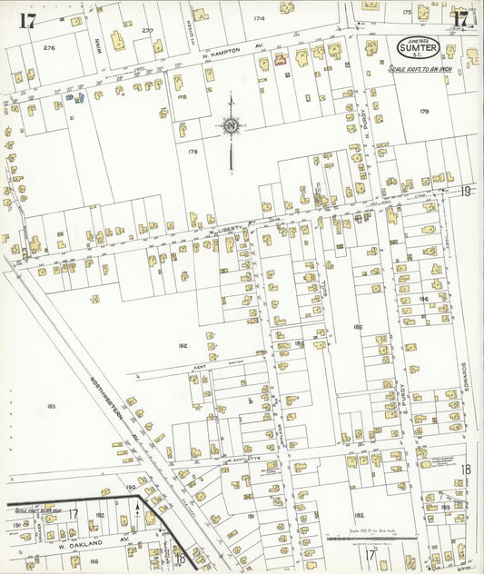 Sanborn Fire Insurance Map from Sumter, Sumter County, South Carolina (1923), Sheet #0017 - Historic Sanborn Fire Insurance Map Print, vintage old map wall art, antique decor, genealogy gift, South Carolina South Carolina map