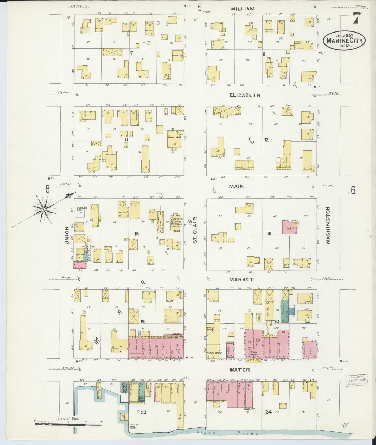 Sanborn Fire Insurance Map from Marine City, Saint Clair County, Michigan (1907), Sheet #0007 - Complete Map Set gallery image, historic Sanborn map, vintage wall art, Michigan Michigan