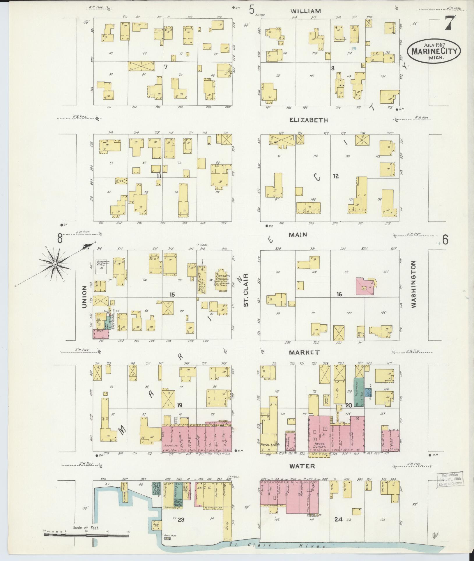 Sanborn Fire Insurance Map from Marine City, Saint Clair County, Michigan (1907), Sheet #0007 - Complete Map Set gallery image, historic Sanborn map, vintage wall art, Michigan Michigan