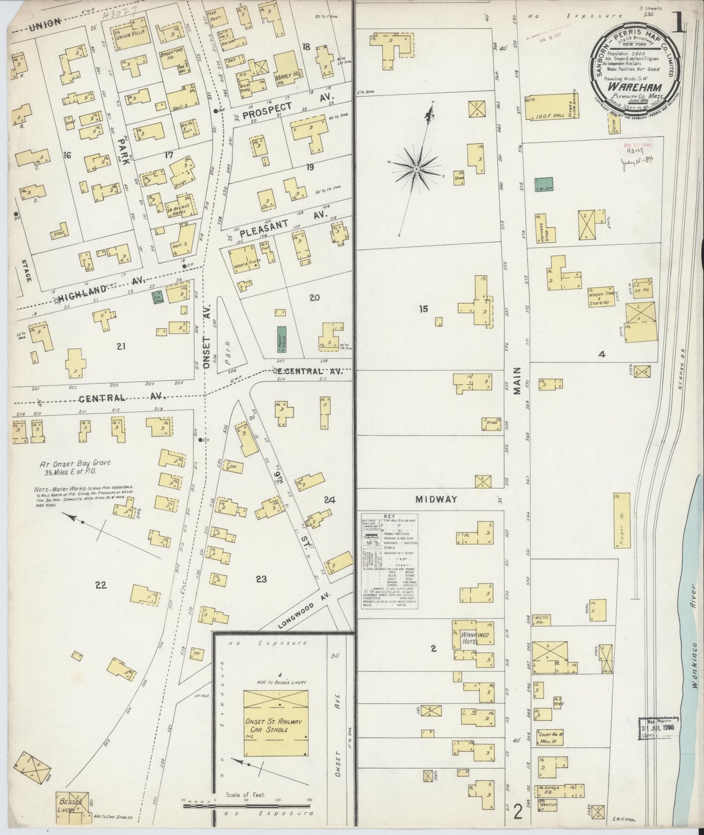 Sanborn Fire Insurance Map from Wareham, Plymouth County, Massachusetts (1896), Sheet #0001 - Complete Map Set gallery image, historic Sanborn map, vintage wall art, Massachusetts Massachusetts