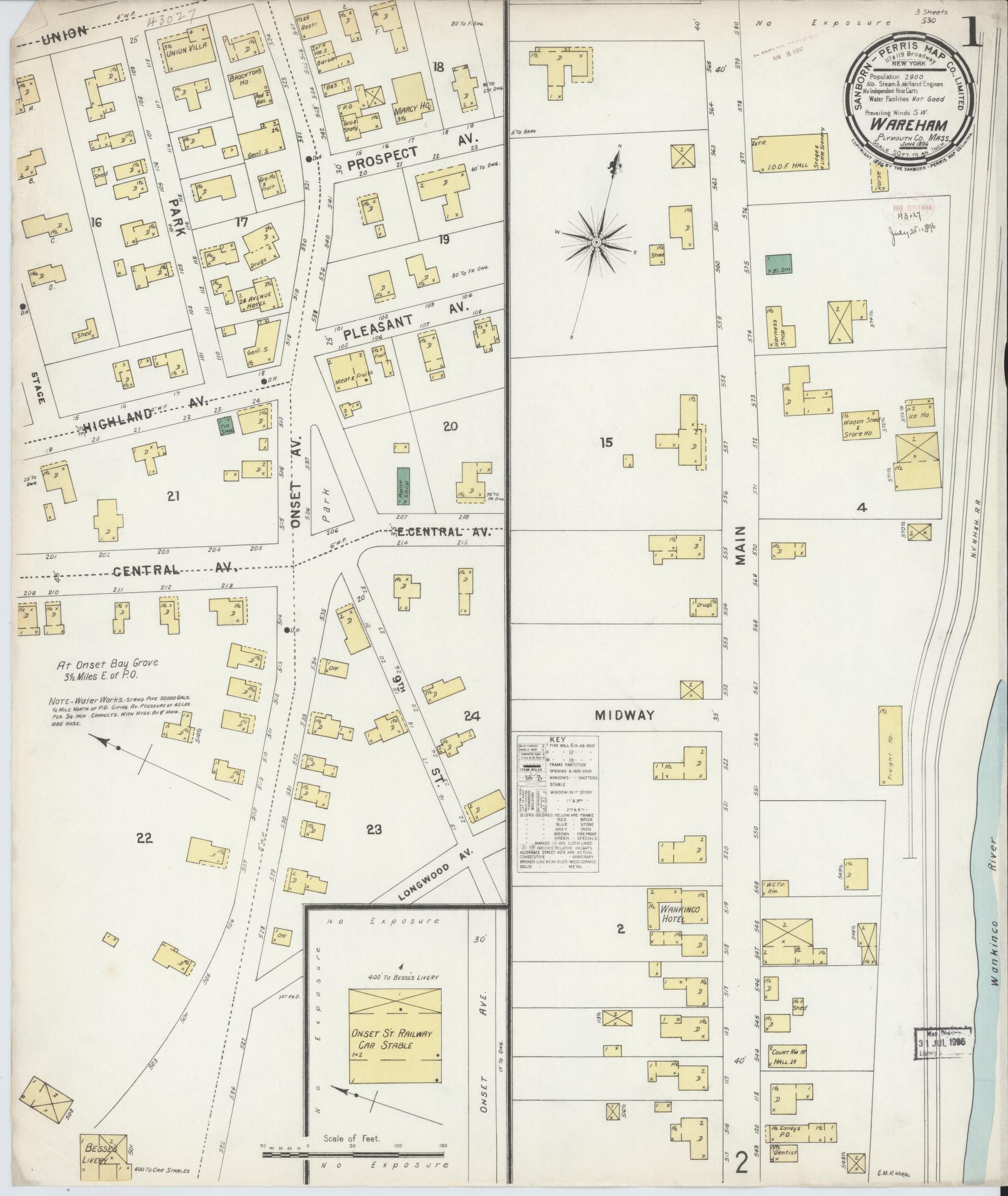 Sanborn Fire Insurance Map from Wareham, Plymouth County, Massachusetts (1896), Sheet #0001 - Complete Map Set gallery image, historic Sanborn map, vintage wall art, Massachusetts Massachusetts