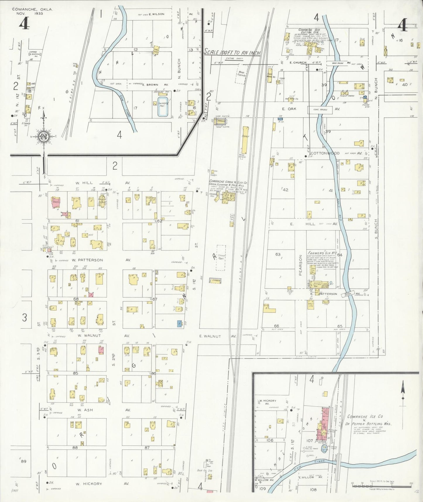 Sanborn Fire Insurance Map from Comanche, Stephens County, Oklahoma (1933), Sheet #0004 - Historic Sanborn Fire Insurance Map Print, vintage old map wall art, antique decor, genealogy gift, Oklahoma Oklahoma map
