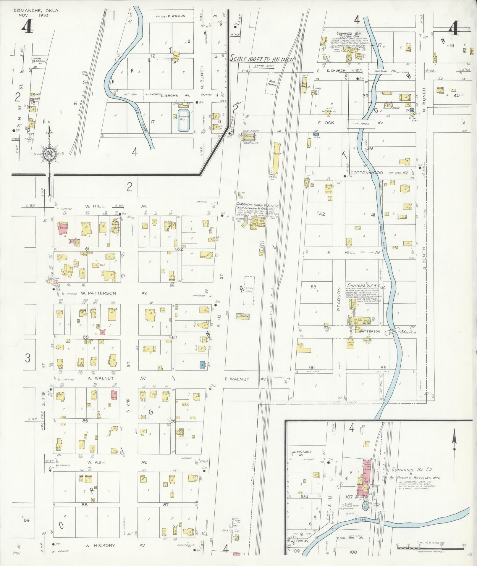 Sanborn Fire Insurance Map from Comanche, Stephens County, Oklahoma (1933), Sheet #0004 - Historic Sanborn Fire Insurance Map Print, vintage old map wall art, antique decor, genealogy gift, Oklahoma Oklahoma map