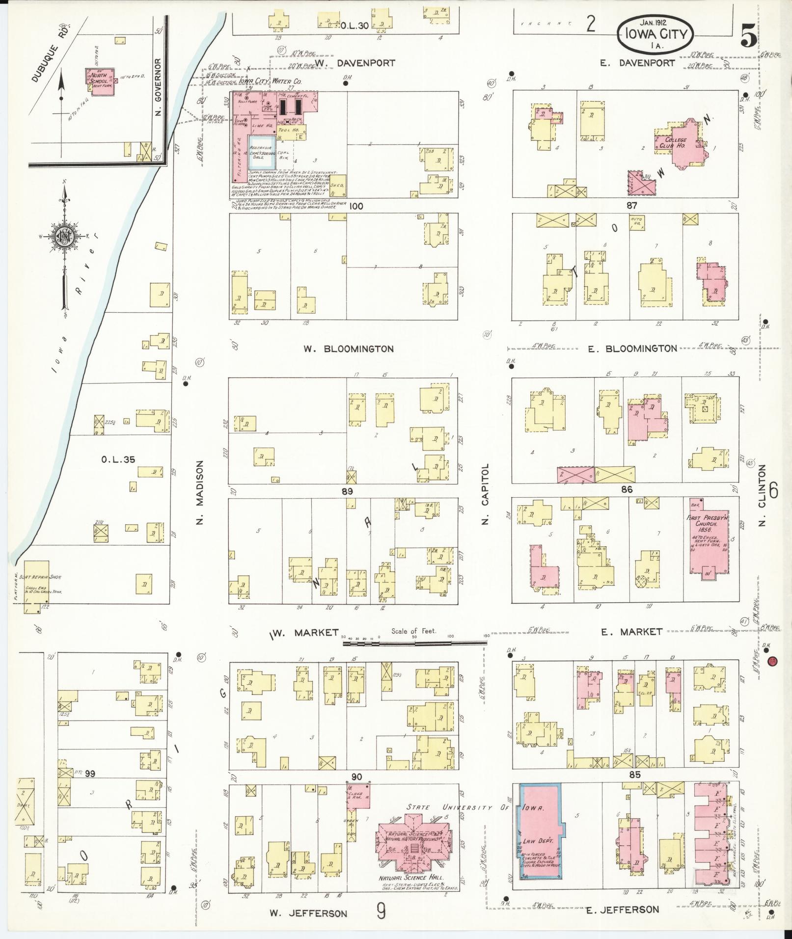 Sanborn Fire Insurance Map from Iowa City, Johnson County, Iowa (1912), Sheet #0005 - Historic Sanborn Fire Insurance Map Print, vintage old map wall art