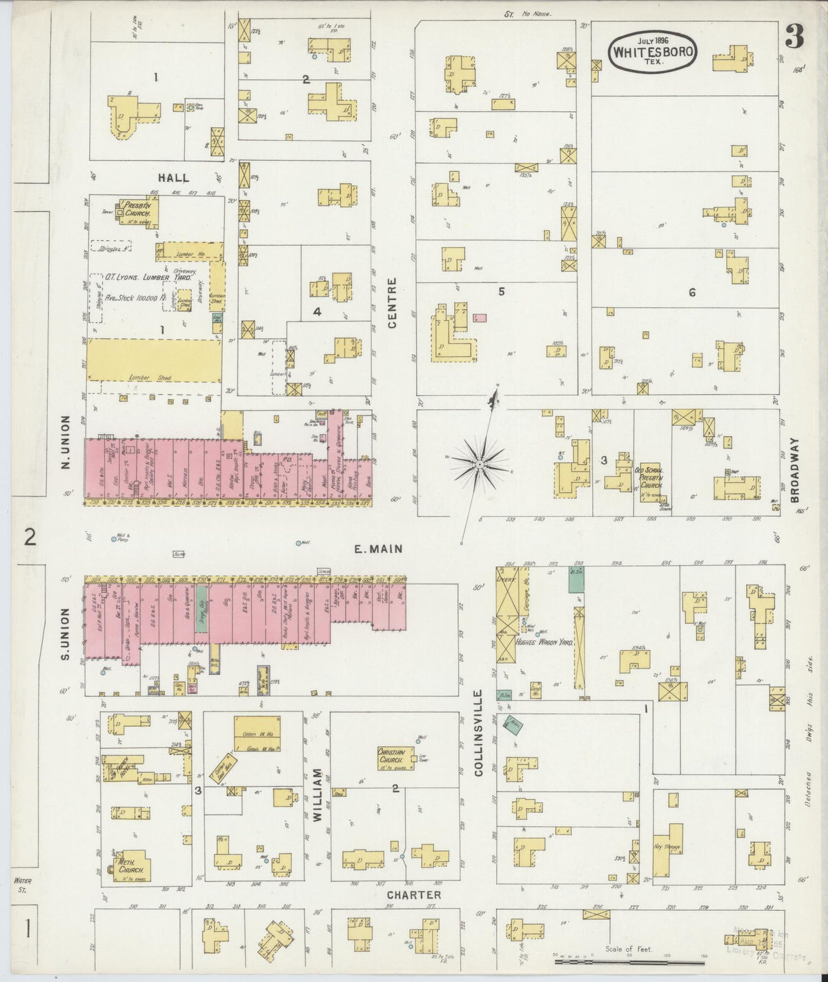 Sanborn Fire Insurance Map from Whitesboro, Grayson County, Texas (1896), Sheet #0003 - Complete Map Set gallery image, historic Sanborn map, vintage wall art, Texas Texas