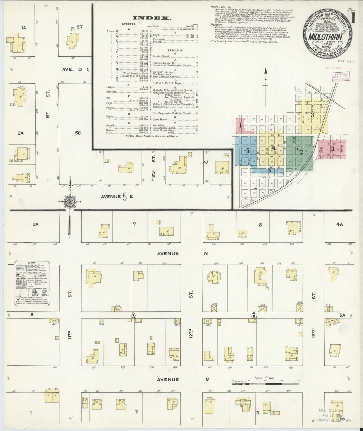 Sanborn Fire Insurance Map from Midlothian, Ellis County, Texas (1910), Sheet #0001 - Historic Sanborn Fire Insurance Map Print, vintage old map wall art, antique decor, genealogy gift, Texas Texas map