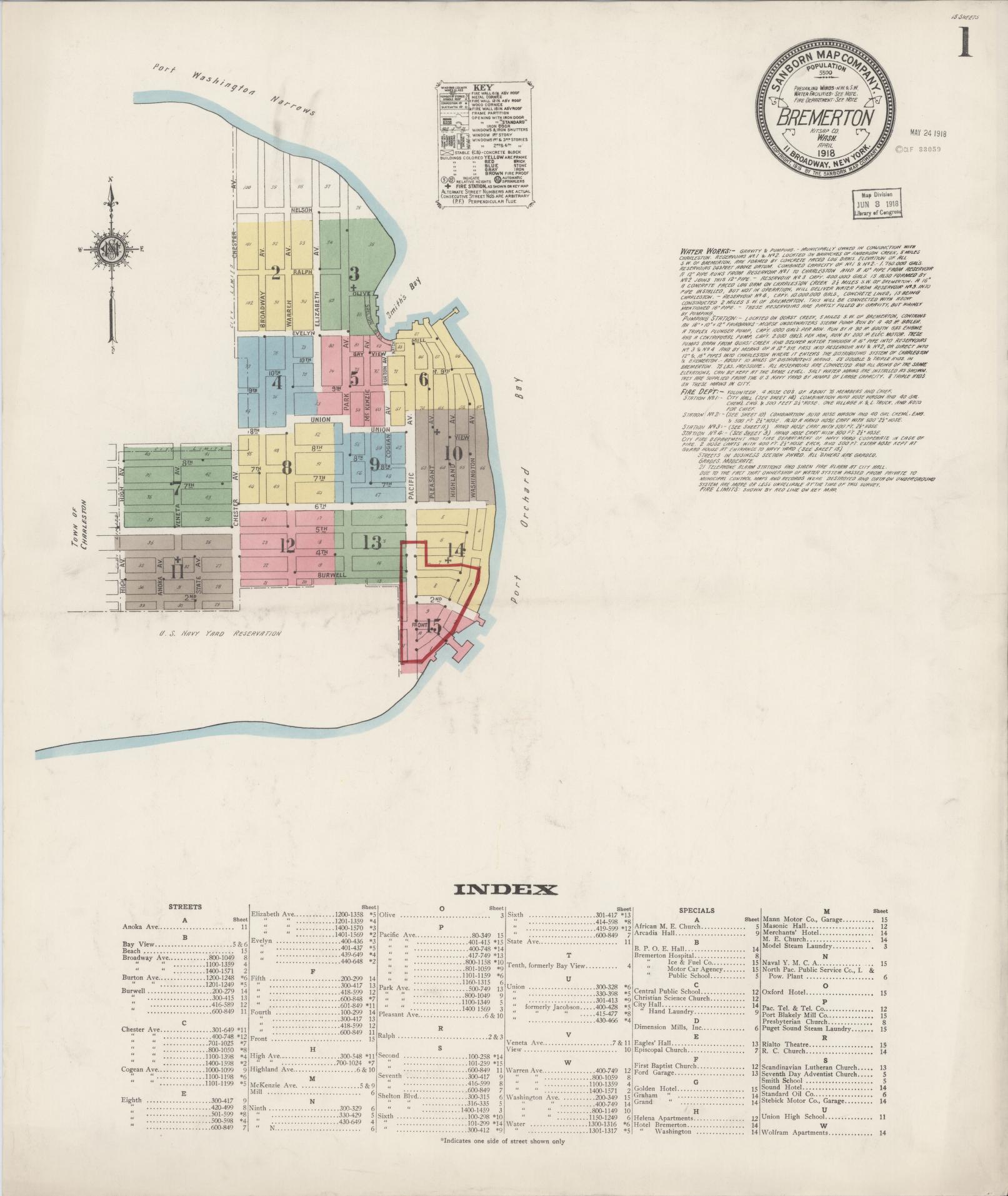 Sanborn Fire Insurance Map from Bremerton, Kitsap County, Washington (1918), Sheet #0001 - Complete Map Set gallery image, historic Sanborn map, vintage wall art, Washington Washington