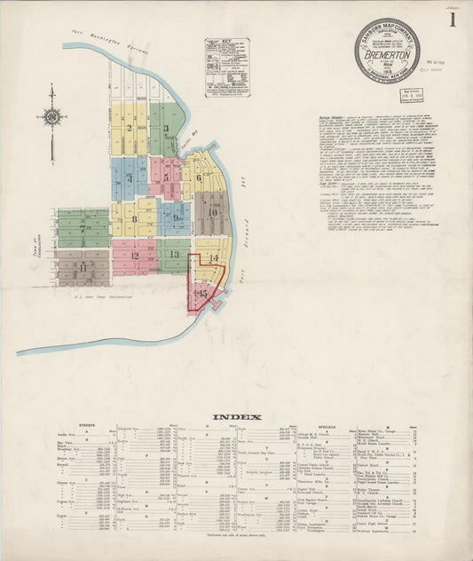 Sanborn Fire Insurance Map from Bremerton, Kitsap County, Washington (1918), Sheet #0001 - Complete Map Set gallery image, historic Sanborn map, vintage wall art, Washington Washington