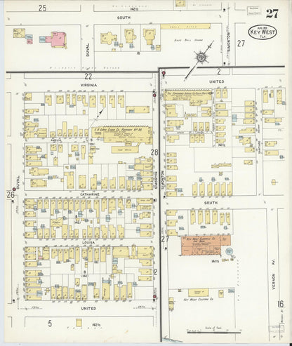 Sanborn Fire Insurance Map from Key West, Monroe County, Florida (1912), Sheet #0027 - Historic Sanborn Fire Insurance Map Print, vintage old map wall art, antique decor, genealogy gift, Florida Florida map