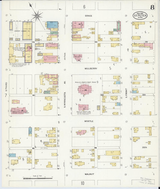 Sanborn Fire Insurance Map from Saint Peter, Nicollet County, Minnesota (1908), Sheet #0008 - Historic Sanborn Fire Insurance Map Print, vintage old map wall art, antique decor, genealogy gift, Minnesota Minnesota map