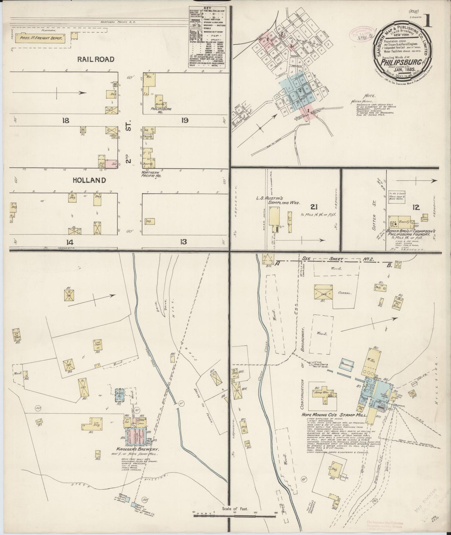 Sanborn Fire Insurance Map from Philipsburg, Granite County, Montana (1889), Sheet #0001 - Historic Sanborn Fire Insurance Map Print, vintage old map wall art, antique decor, genealogy gift, Montana Montana map