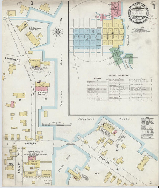 Sanborn Fire Insurance Map from Elizabeth City, Pasquotank County, North Carolina (1896), Sheet #0001 - Complete Map Set gallery image, historic Sanborn map, vintage wall art, North Carolina North Carolina