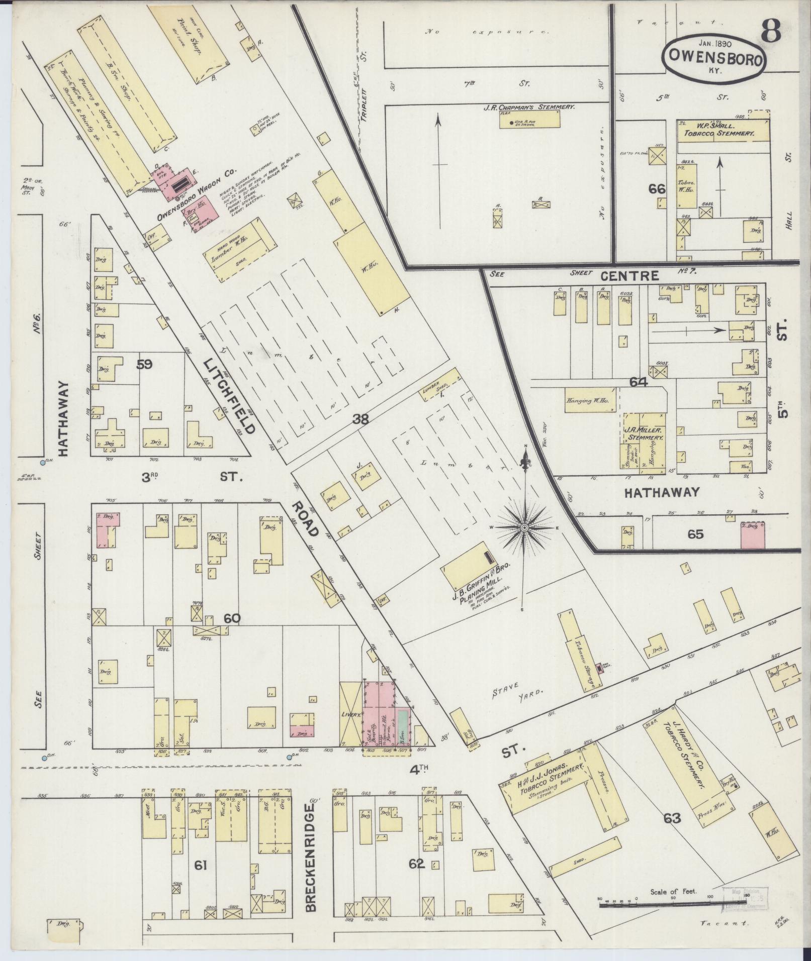 Sanborn Fire Insurance Map from Owensboro, Daviess County, Kentucky (1890), Sheet #0008 - Historic Sanborn Fire Insurance Map Print, vintage old map wall art, antique decor, genealogy gift, Kentucky Kentucky map