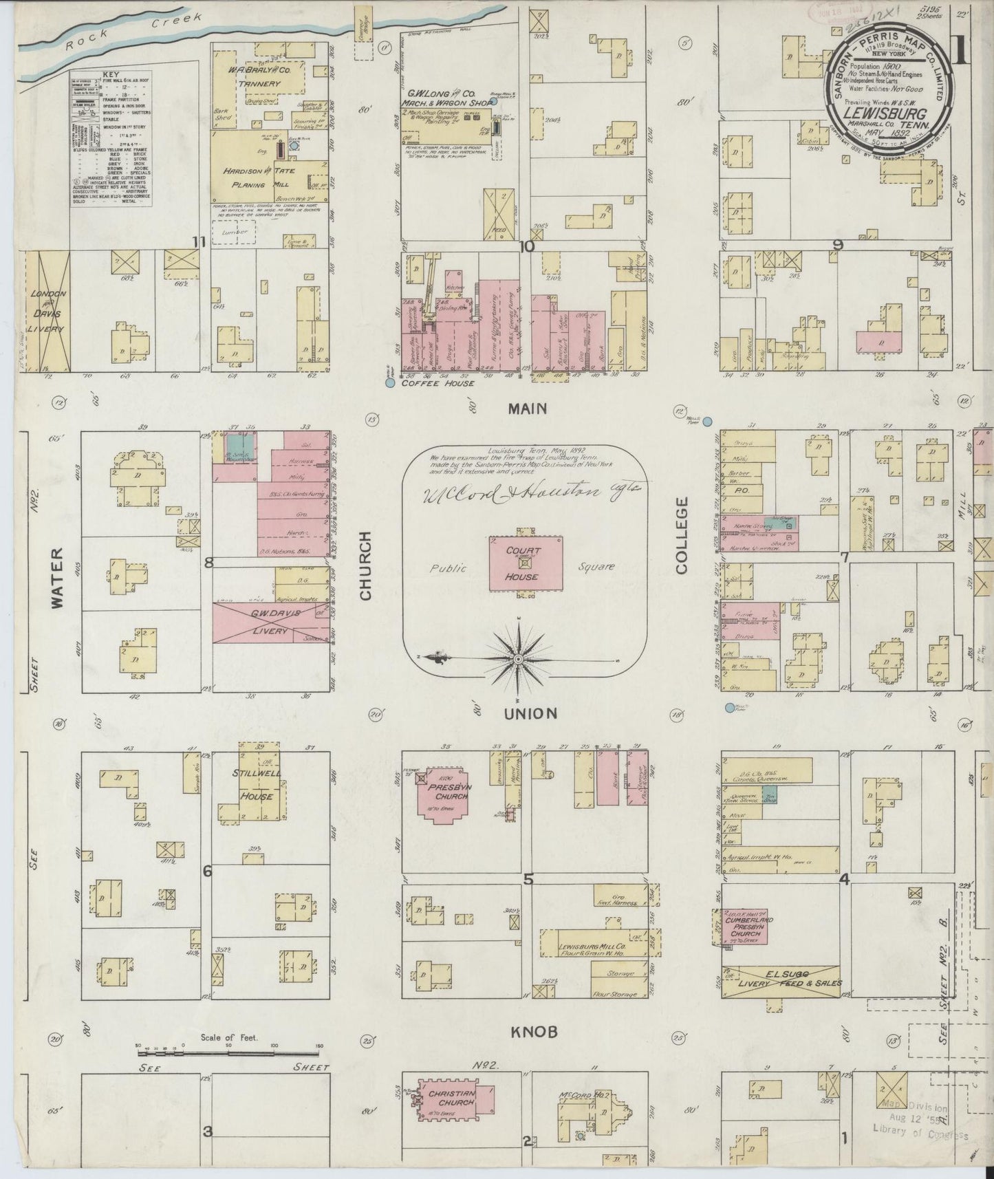 Sanborn Fire Insurance Map from Lewisburg, Marshall County, Tennessee. (1892) – Historic Sanborn Fire Insurance Map Print