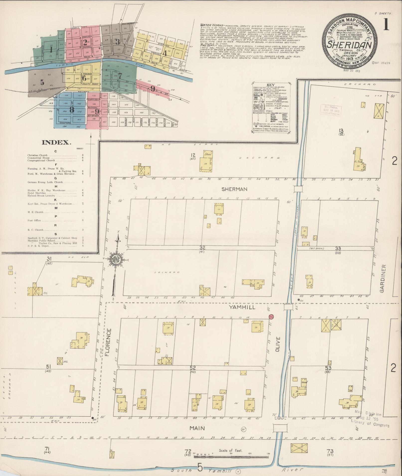 Sanborn Fire Insurance Map from Sheridan, Yamhill County, Oregon (1913), Sheet #0001 - Historic Sanborn Fire Insurance Map Print, vintage old map wall art, antique decor, genealogy gift, Oregon Oregon map