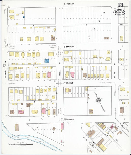 Sanborn Fire Insurance Map from Raton, Colfax County, New Mexico (1919), Sheet #0013 - Historic Sanborn Fire Insurance Map Print, vintage old map wall art, antique decor, genealogy gift, New Mexico New Mexico map