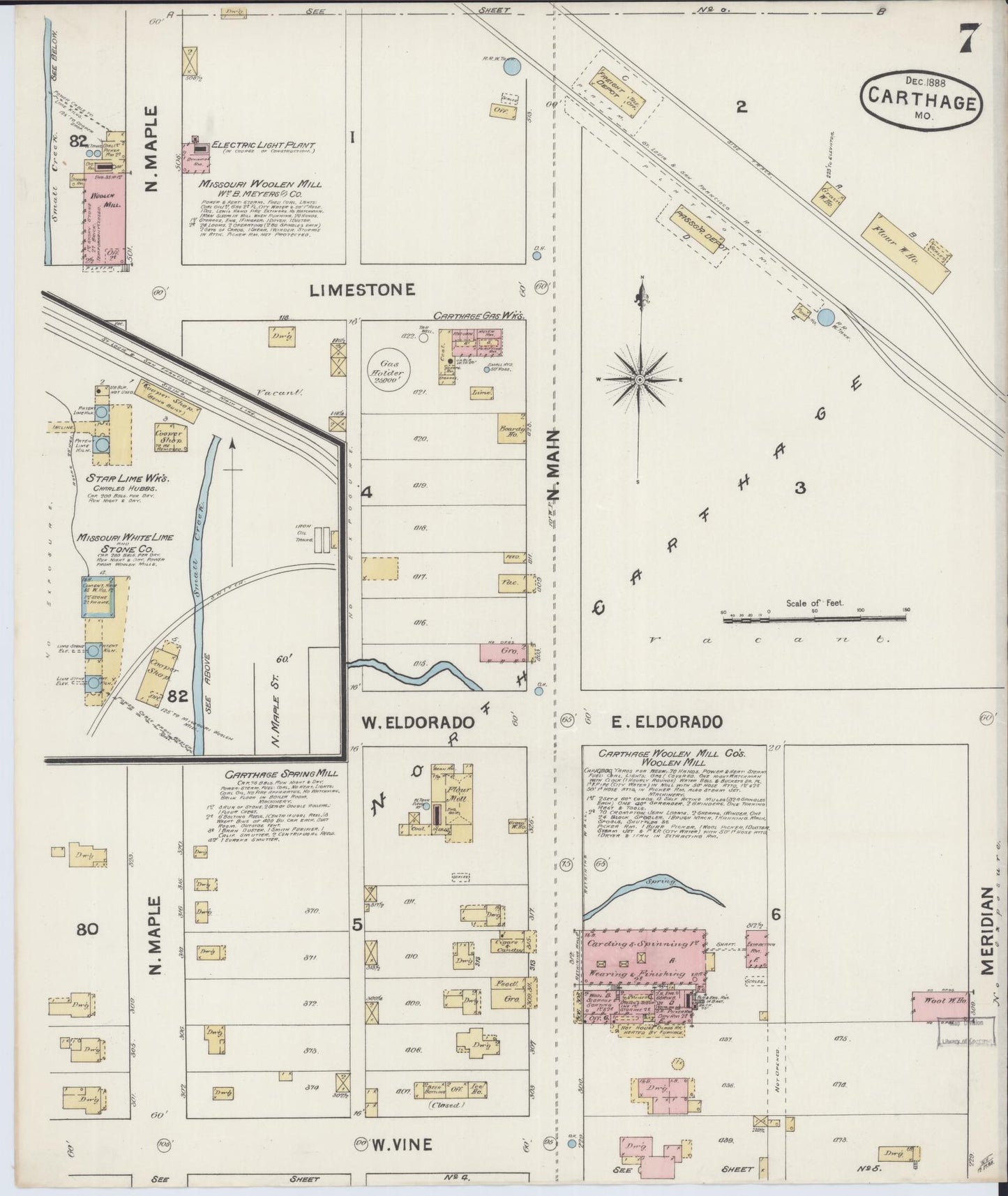 Sanborn Fire Insurance Map from Carthage, Jasper County, Missouri (1888), Sheet #0007 - Historic Sanborn Fire Insurance Map Print, vintage old map wall art, antique decor, genealogy gift, Missouri Missouri map