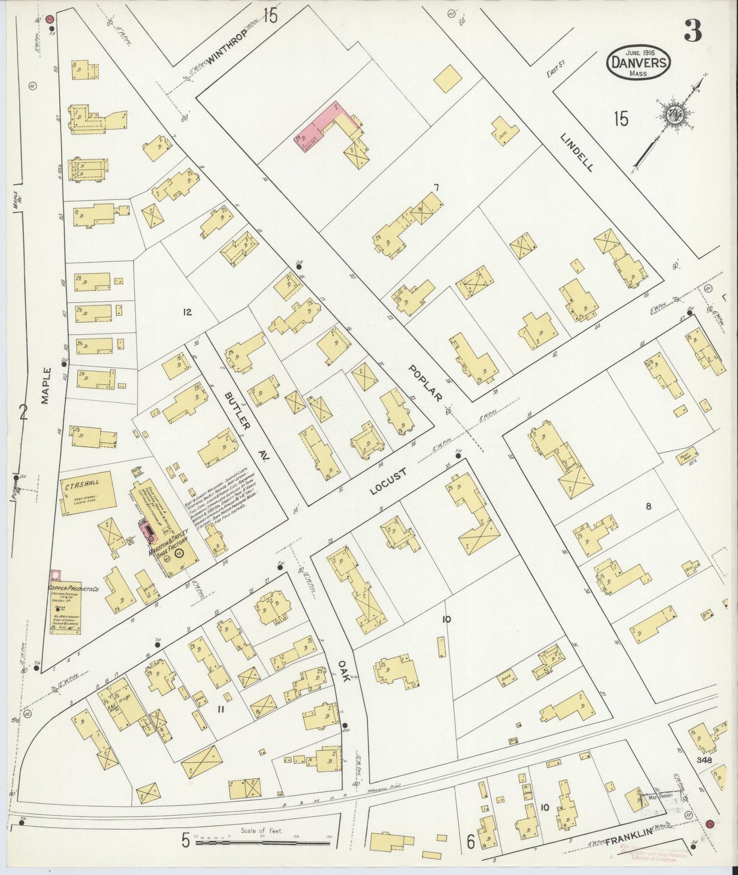 Sanborn Fire Insurance Map from Danvers, Essex County, Massachusetts (1916), Sheet #0003 - Historic Sanborn Fire Insurance Map Print, vintage old map wall art, antique decor, genealogy gift, Massachusetts Massachusetts map