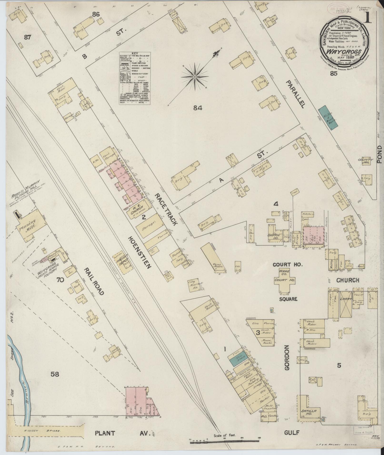 Sanborn Fire Insurance Map from Waycross, Ware County, Georgia. (1889) – Historic Sanborn Fire Insurance Map Print