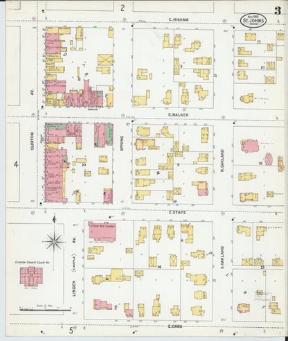 Sanborn Fire Insurance Map from Saint Johns, Clinton County, Michigan (1900), Sheet #0003 - Complete Map Set gallery image, historic Sanborn map, vintage wall art, Michigan Michigan