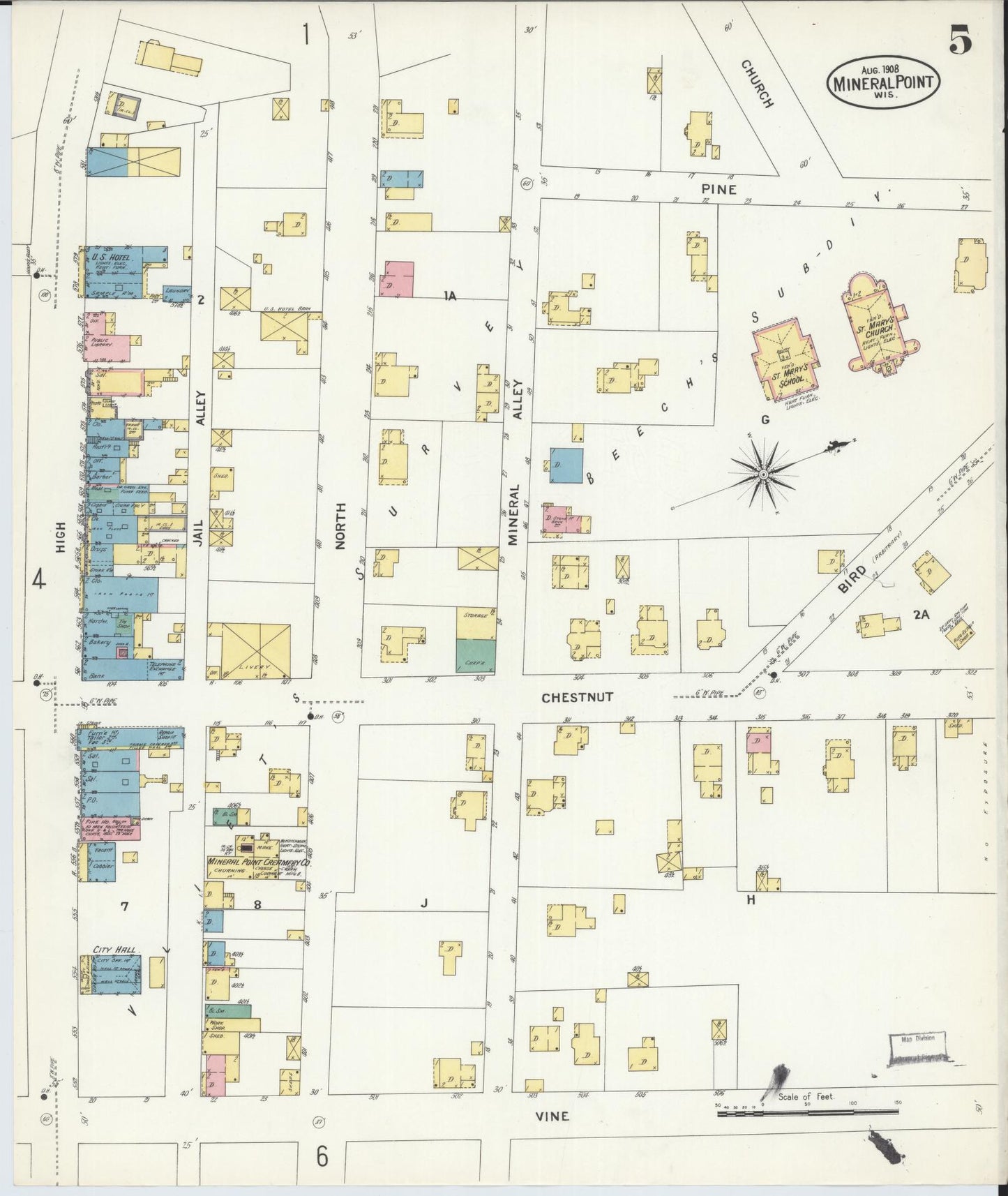 Sanborn Fire Insurance Map from Mineral Point, Iowa County, Wisconsin (1908), Sheet #0005 - Complete Map Set gallery image, historic Sanborn map, vintage wall art, Wisconsin Wisconsin