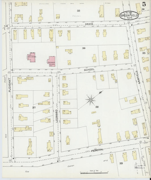 Sanborn Fire Insurance Map from Greenfield, Franklin County, Massachusetts (1892), Sheet #0005 - Historic Sanborn Fire Insurance Map Print, vintage old map wall art, antique decor, genealogy gift, Massachusetts Massachusetts map