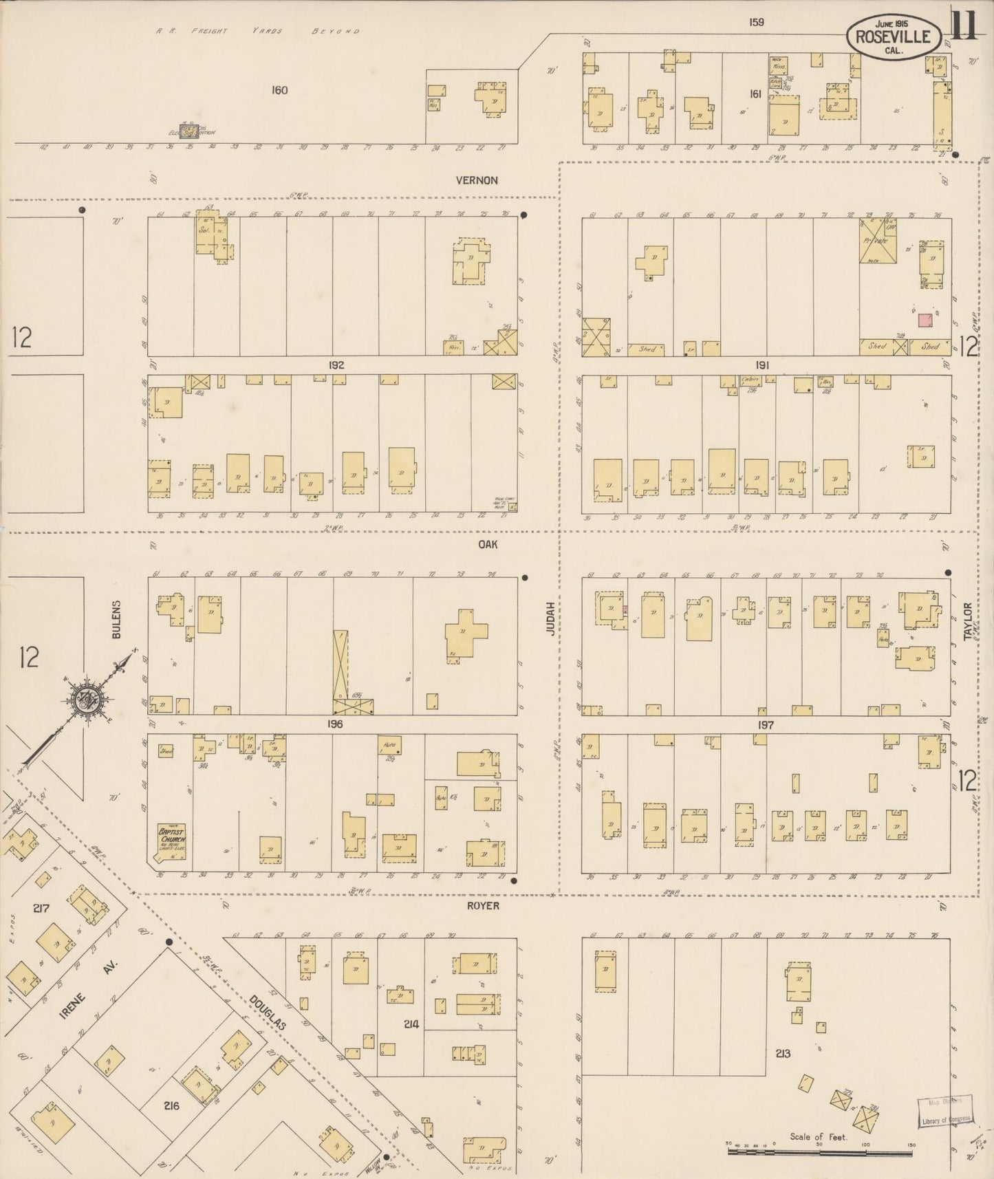 Sanborn Fire Insurance Map from Roseville, Placer County, California (1915), Sheet #0011 - Complete Map Set gallery image, historic Sanborn map, vintage wall art, California California