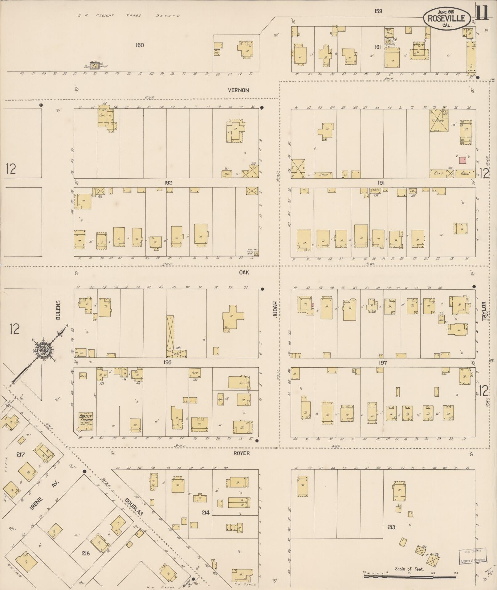 Sanborn Fire Insurance Map from Roseville, Placer County, California (1915), Sheet #0011 - Complete Map Set gallery image, historic Sanborn map, vintage wall art, California California