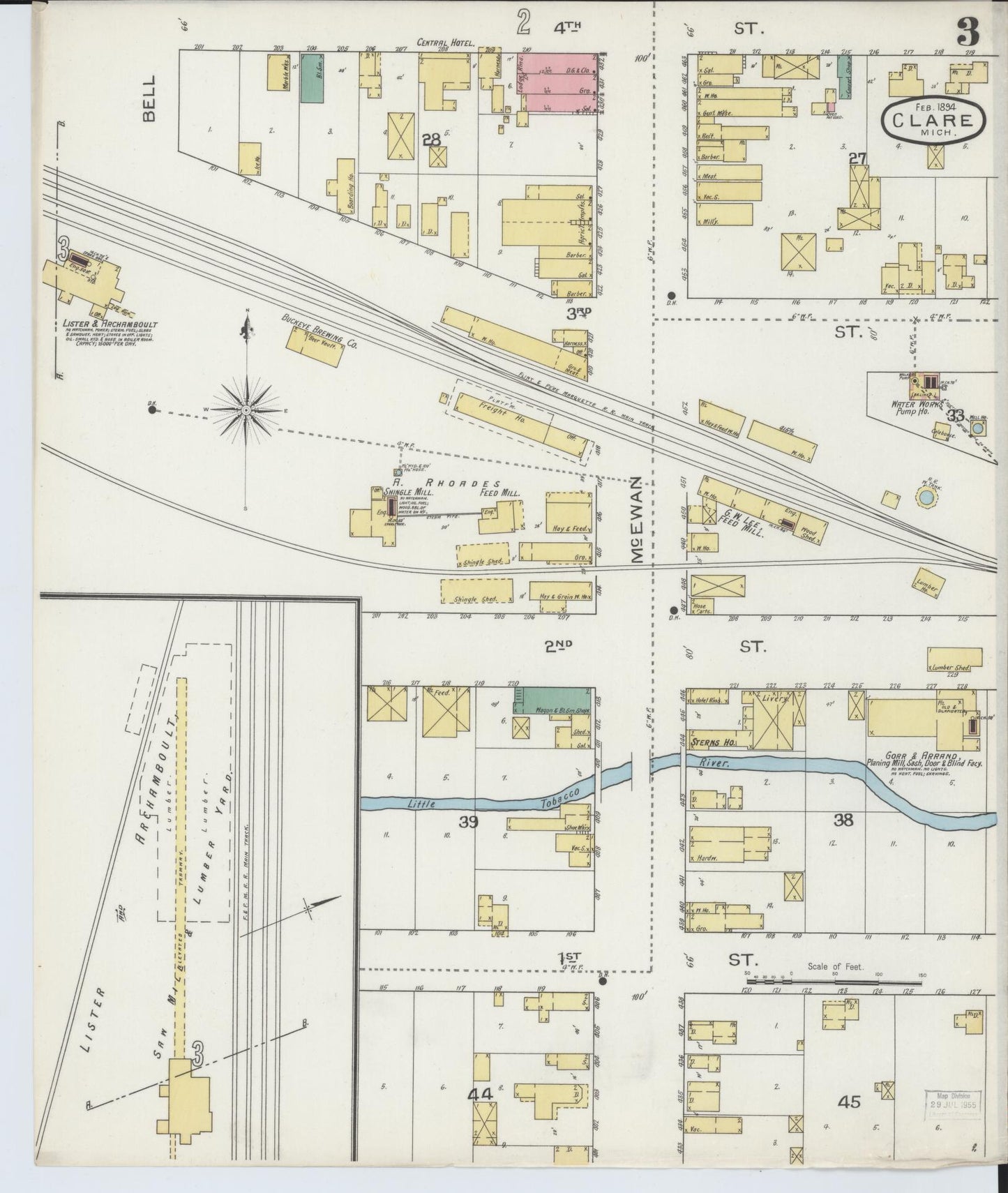 Sanborn Fire Insurance Map from Clare, Clare County, Michigan (1894), Sheet #0003 - Historic Sanborn Fire Insurance Map Print, vintage old map wall art, antique decor, genealogy gift, Michigan Michigan map