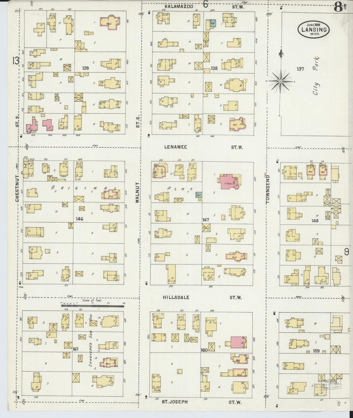 Sanborn Fire Insurance Map from Lansing, Ingham County, Michigan (1898), Sheet #0008 - Historic Sanborn Fire Insurance Map Print, vintage old map wall art, antique decor, genealogy gift, Michigan Michigan map