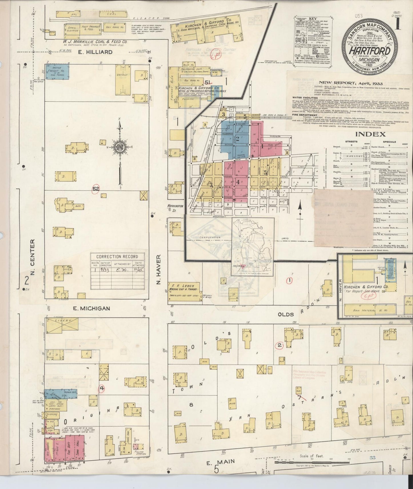 Sanborn Fire Insurance Map from Hartford, Van Buren County, Michigan (1933), Sheet #0001 - Historic Sanborn Fire Insurance Map Print, vintage old map wall art, antique decor, genealogy gift, Michigan Michigan map