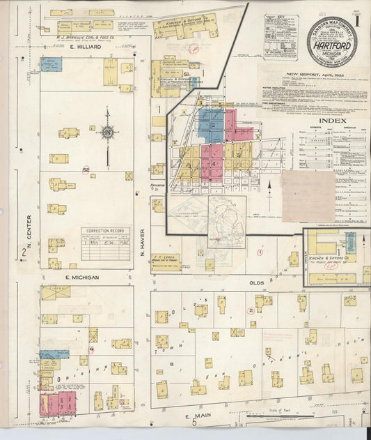 Sanborn Fire Insurance Map from Hartford, Van Buren County, Michigan (1933), Sheet #0001 - Historic Sanborn Fire Insurance Map Print, vintage old map wall art, antique decor, genealogy gift, Michigan Michigan map