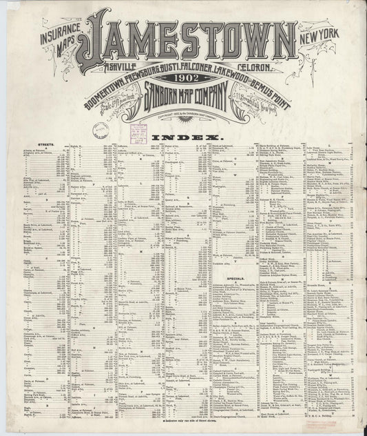 Sanborn Fire Insurance Map from Jamestown, Chautauqua County, New York (1902), Sheet #0001 - Historic Sanborn Fire Insurance Map Print, vintage old map wall art, antique decor, genealogy gift, New York New York map