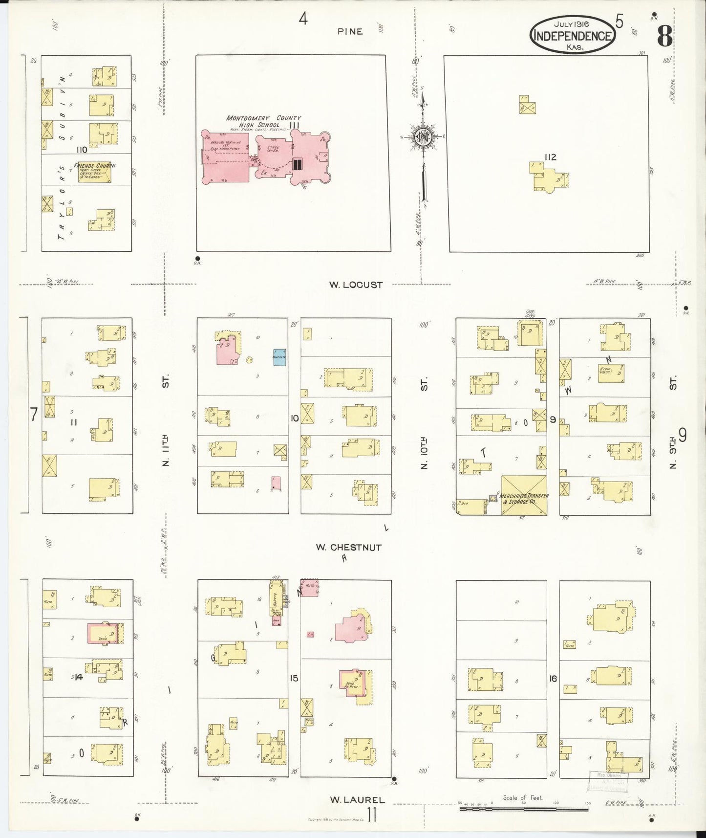 Sanborn Fire Insurance Map from Independence, Montgomery County, Kansas (1916), Sheet #0008 - Historic Sanborn Fire Insurance Map Print, vintage old map wall art, antique decor, genealogy gift, Kansas Kansas map