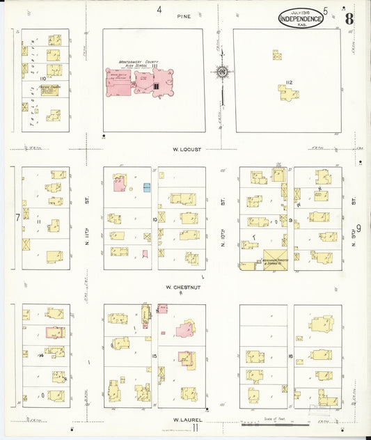 Sanborn Fire Insurance Map from Independence, Montgomery County, Kansas (1916), Sheet #0008 - Historic Sanborn Fire Insurance Map Print, vintage old map wall art, antique decor, genealogy gift, Kansas Kansas map