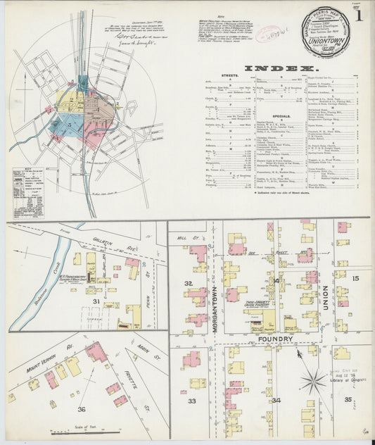 Sanborn Fire Insurance Map from Uniontown, Fayette County, Pennsylvania (1891), Sheet #0001 - Historic Sanborn Fire Insurance Map Print, vintage old map wall art, antique decor, genealogy gift, Pennsylvania Pennsylvania map