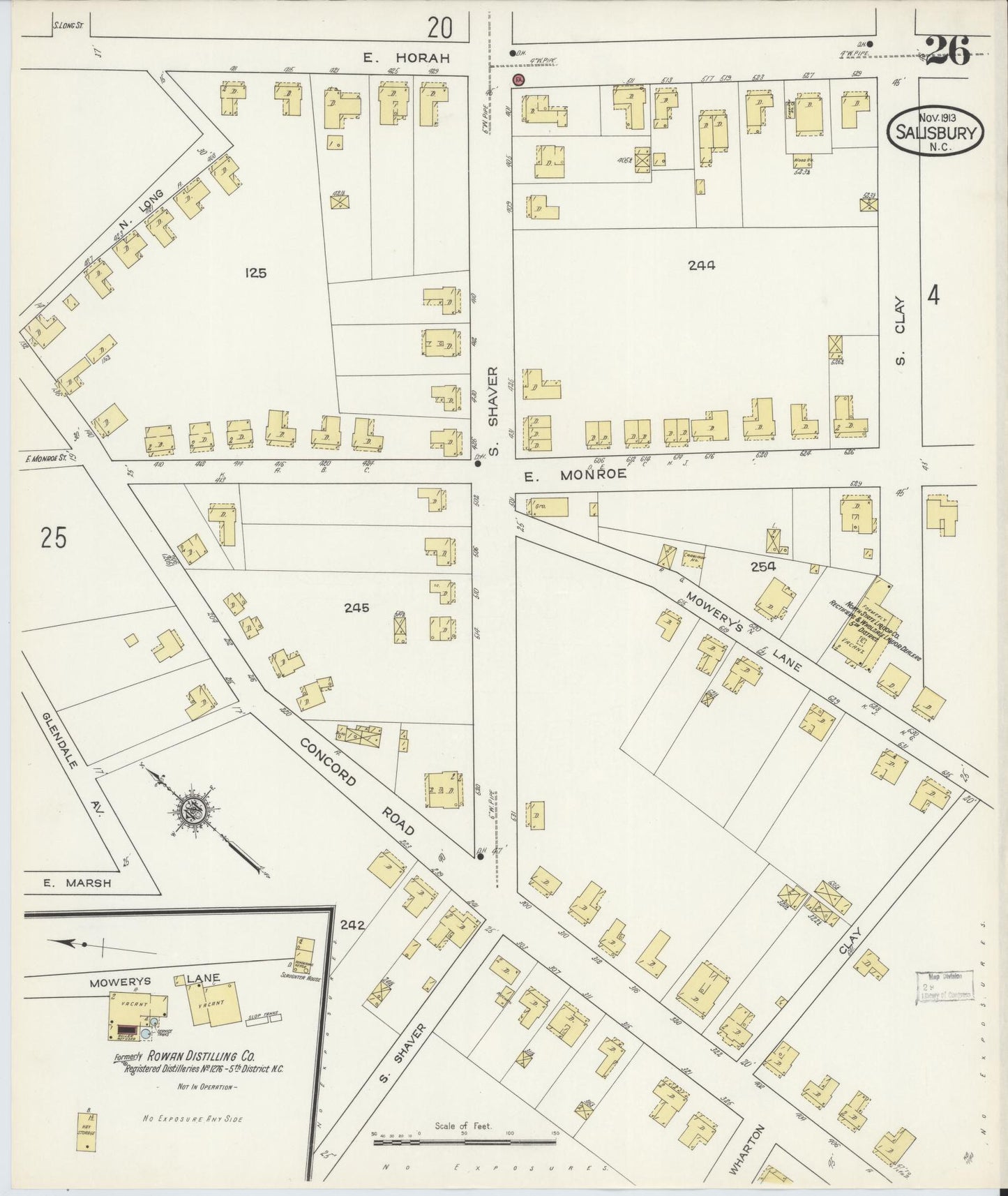Sanborn Fire Insurance Map from Salisbury, Rowan County, North Carolina (1913), Sheet #0026 - Historic Sanborn Fire Insurance Map Print, vintage old map wall art, antique decor, genealogy gift, North Carolina North Carolina map
