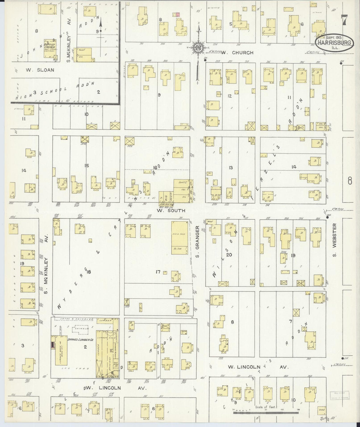 Sanborn Fire Insurance Map from Harrisburg, Saline County, Illinois (1913), Sheet #0007 - Historic Sanborn Fire Insurance Map Print, vintage old map wall art, antique decor, genealogy gift, Illinois Illinois map